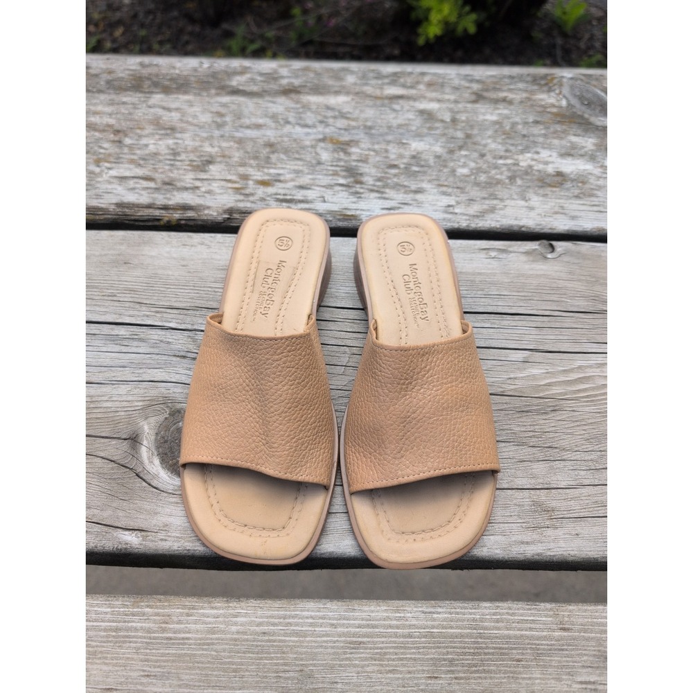 Montego Bay Club Red Leather Slide Sandals Women's 5.5 Comfort Slip On Shoes